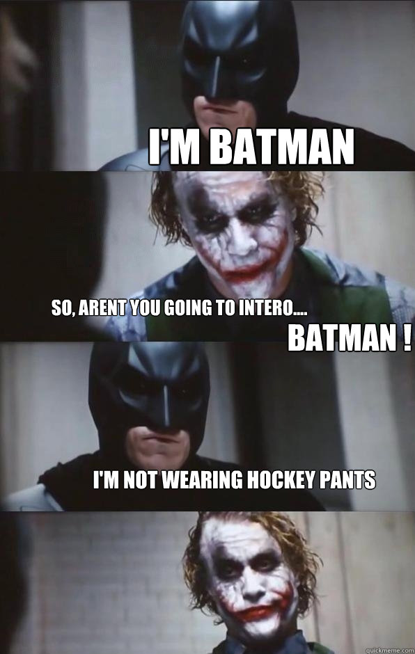 I'm BATMAN so, arent you going to intero.... I'm not wearing hockey pants Batman !  Batman Panel
