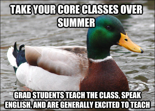 Take your core classes over summer Grad students teach the class, speak english, and are generally excited to teach - Take your core classes over summer Grad students teach the class, speak english, and are generally excited to teach  Actual Advice Mallard