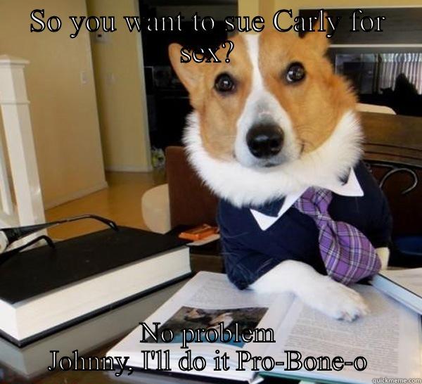 SO YOU WANT TO SUE CARLY FOR SEX? NO PROBLEM JOHNNY, I'LL DO IT PRO-BONE-O Lawyer Dog