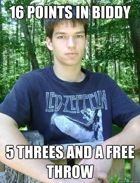 16 Points in biddy 5 Threes and a free throw  
