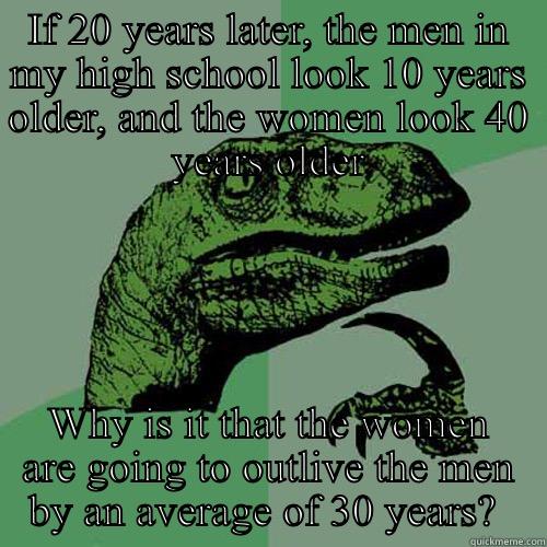 IF 20 YEARS LATER, THE MEN IN MY HIGH SCHOOL LOOK 10 YEARS OLDER, AND THE WOMEN LOOK 40 YEARS OLDER WHY IS IT THAT THE WOMEN ARE GOING TO OUTLIVE THE MEN BY AN AVERAGE OF 30 YEARS?  Philosoraptor