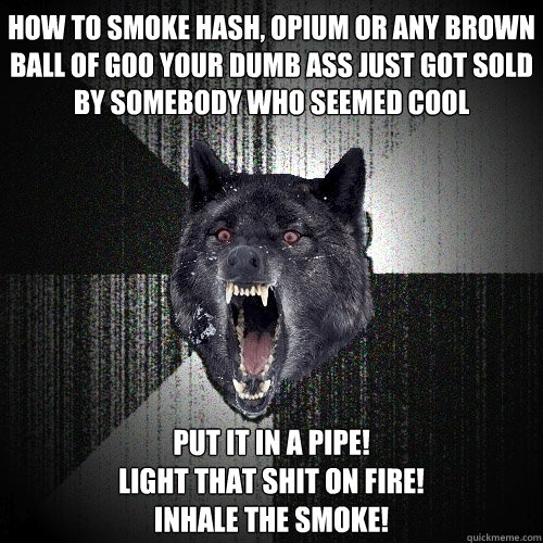 HOW TO SMOKE HASH, OPIUM OR ANY BROWN BALL OF GOO YOUR DUMB ASS JUST GOT SOLD BY SOMEBODY WHO SEEMED COOL PUT IT IN A PIPE!
LIGHT THAT SHIT ON FIRE!
INHALE THE SMOKE! - HOW TO SMOKE HASH, OPIUM OR ANY BROWN BALL OF GOO YOUR DUMB ASS JUST GOT SOLD BY SOMEBODY WHO SEEMED COOL PUT IT IN A PIPE!
LIGHT THAT SHIT ON FIRE!
INHALE THE SMOKE!  Insanity Wolf