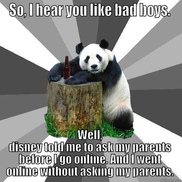 SO, I HEAR YOU LIKE BAD BOYS. WELL, DISNEY TOLD ME TO ASK MY PARENTS BEFORE I GO ONLINE. AND I WENT ONLINE WITHOUT ASKING MY PARENTS. Pickup-Line Panda