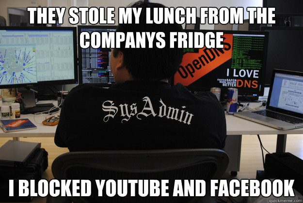 they stole my lunch from the companys fridge i blocked youtube and facebook  Success SysAdmin
