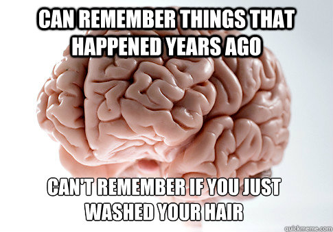 Can remember things that happened years ago  Can't remember if you just 
washed your hair  Scumbag Brain