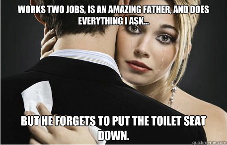 Works two jobs, is an amazing father, and does everything I ask... But he forgets to put the toilet seat down. - Works two jobs, is an amazing father, and does everything I ask... But he forgets to put the toilet seat down.  Spoiled Wife