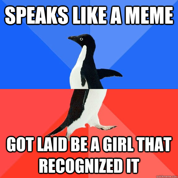 Speaks like a meme Got laid be a girl that recognized it  Socially Awkward Awesome Penguin