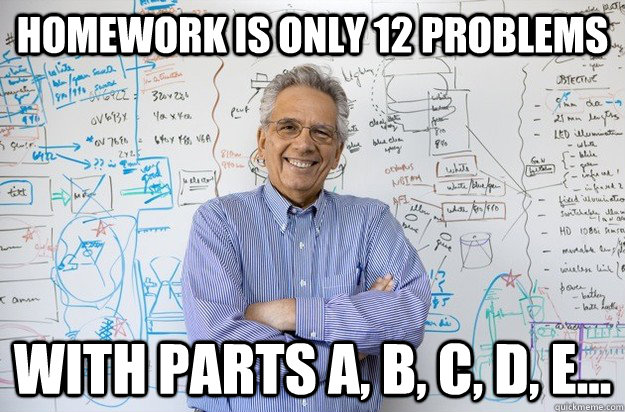 Homework is only 12 problems with parts a, b, c, d, e...  Engineering Professor