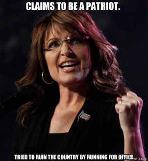 Claims to be a patriot. Tried to ruin the country by running for office.   Sarah Palin Success Kid