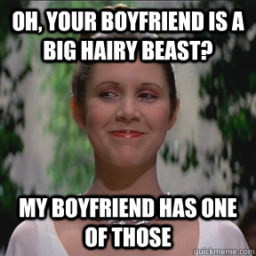 Oh, your boyfriend is a big hairy Beast? My boyfriend has one of those  Disney Princess Leia