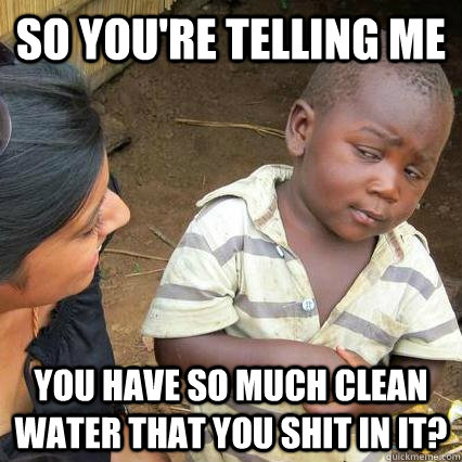 so you're telling me you have so much clean water that you shit in it? - so you're telling me you have so much clean water that you shit in it?  3rd world sceptical kid