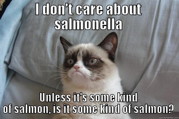 Salmonella cat - I DON'T CARE ABOUT SALMONELLA UNLESS IT'S SOME KIND OF SALMON, IS IT SOME KIND OF SALMON? Grumpy Cat