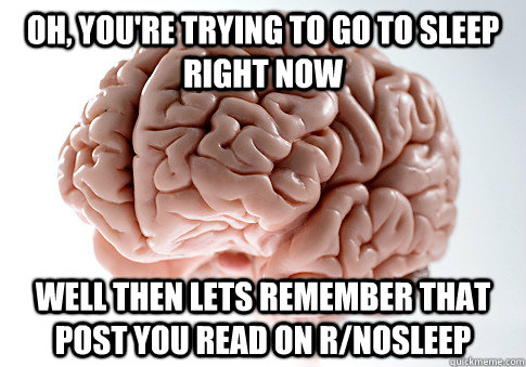Oh, you're trying to go to sleep right now Well then lets remember that post you read on r/nosleep  Scumbag Brain