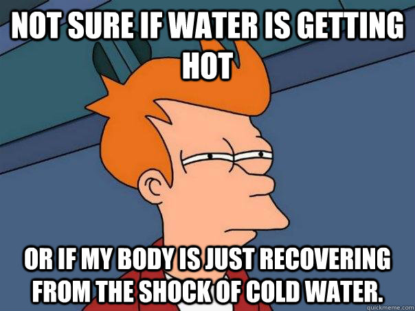 Not sure if water is getting hot Or if my body is just recovering from the shock of cold water.  Futurama Fry