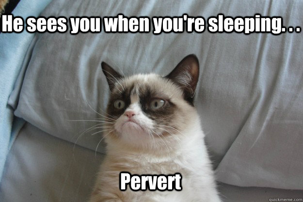 He sees you when you're sleeping. . . Pervert - He sees you when you're sleeping. . . Pervert  tard grumpy cat