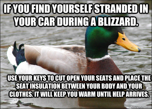 If you find yourself stranded in your car during a blizzard. Use your keys to cut open your seats and place the seat insulation between your body and your clothes. It will keep you warm until help arrives.  Actual Advice Mallard