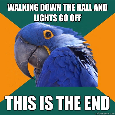 Walking down the hall and lights go off THIS IS THE END  Paranoid Parrot