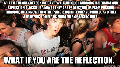 What if the only reason we can't walk through mirrors is because our reflection blocks us? Maybe they are protecting us from passing through, they know the other side is horrifying and painful and they are trying to keep us from ever crossing over.
 What   Sudden Clarity Clarence