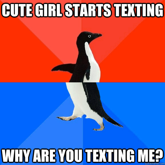 Cute girl starts texting Why are you texting me?  Socially Awesome Awkward Penguin