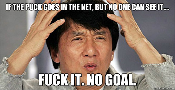 If the puck goes in the net, but no one can see it.... Fuck it. no goal.  Confused Jackie Chan