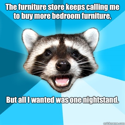 The furniture store keeps calling me to buy more bedroom furniture,  But all I wanted was one nightstand.

  Lame Pun Coon