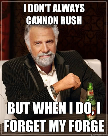 I Don't always
cannon rush but when i do, I forget my forge  The Most Interesting Man In The World