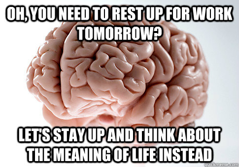 Oh, you need to rest up for work tomorrow? Let's stay up and think about the meaning of life instead  Scumbag Brain
