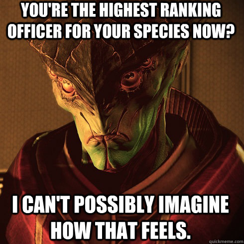 You're the highest ranking officer for your species now? i can't possibly imagine how that feels.  Condescending Javik