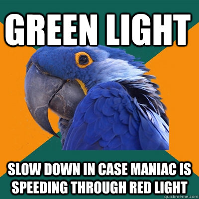 green light Slow down in case maniac is speeding through red light  Paranoid Parrot