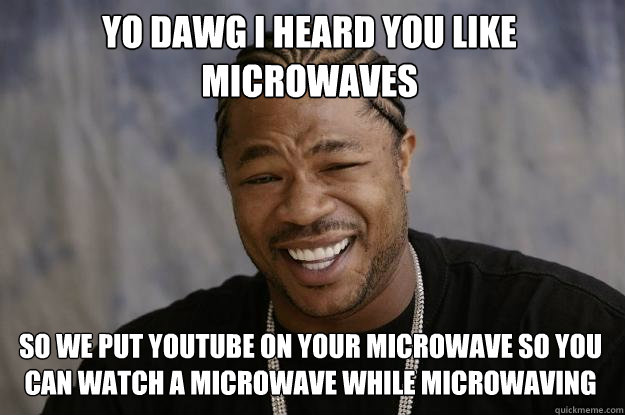 yo dawg i heard you like microwaves so we put youtube on your microwave so you can watch a microwave while microwaving  Xzibit meme