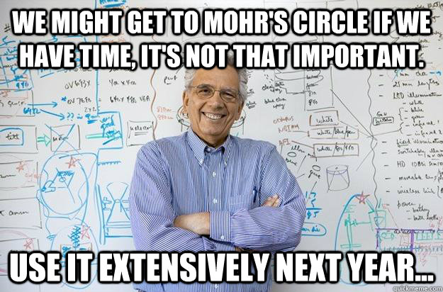 We might get to Mohr's circle if we have time, it's not that important. use it extensively next year... - We might get to Mohr's circle if we have time, it's not that important. use it extensively next year...  Engineering Professor