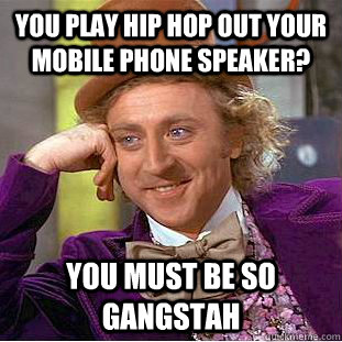 you play hip hop out your mobile phone speaker? You must be so gangstah - you play hip hop out your mobile phone speaker? You must be so gangstah  Condescending Wonka