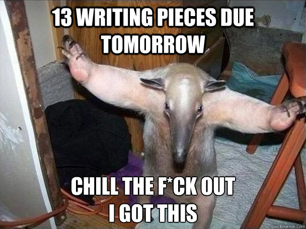 13 writing pieces due tomorrow chill the f*ck out 
i got this  I got this