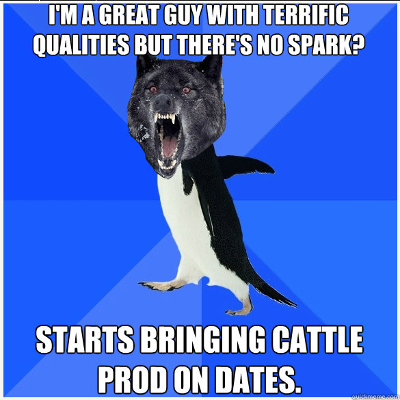 I'm a great guy with terrific qualities but there's no spark? Starts bringing cattle prod on dates.  
