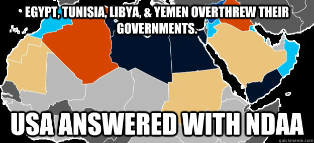Egypt, Tunisia, libya, & yemen overthrew their Governments. USA answered with NDAA  Arab spring