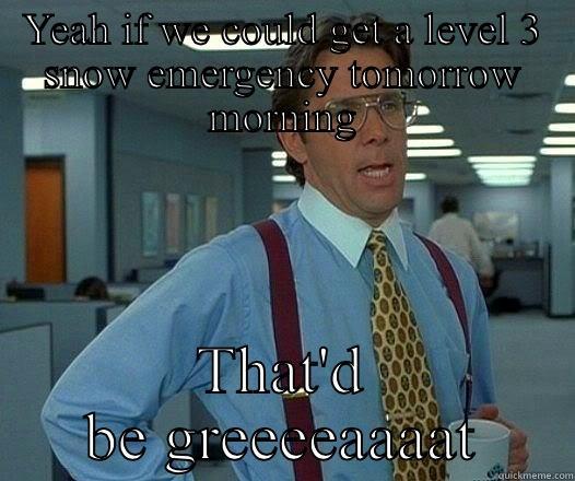 Level 3 emergency - YEAH IF WE COULD GET A LEVEL 3 SNOW EMERGENCY TOMORROW MORNING THAT'D BE GREEEEAAAAT Office Space Lumbergh