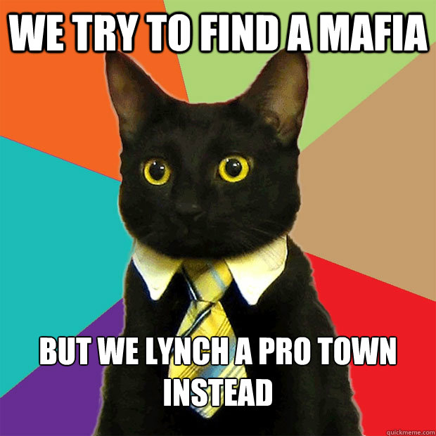 We Try to find a mafia But we lynch a pro town instead  Business Cat