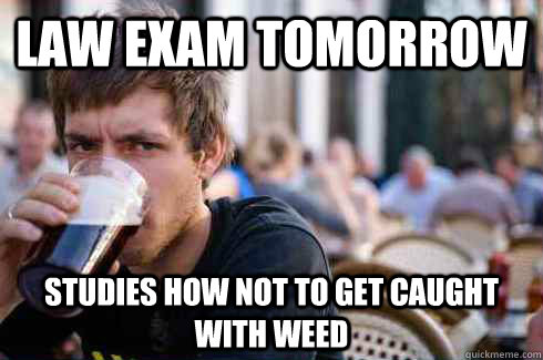 Law exam tomorrow  studies how not to get caught with weed  Lazy College Senior