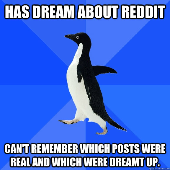 Has Dream about reddit can't remember which posts were real and which were dreamt up.   Socially Awkward Penguin