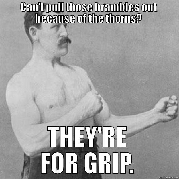 CAN'T PULL THOSE BRAMBLES OUT BECAUSE OF THE THORNS? THEY'RE FOR GRIP. overly manly man