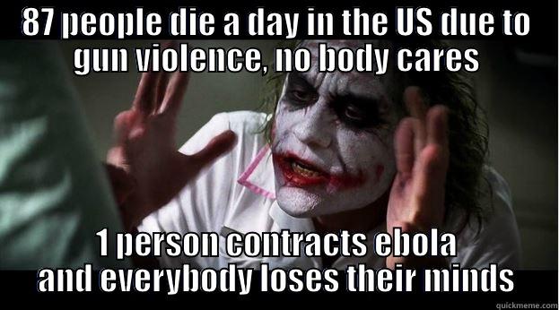 87 PEOPLE DIE A DAY IN THE US DUE TO GUN VIOLENCE, NO BODY CARES 1 PERSON CONTRACTS EBOLA AND EVERYBODY LOSES THEIR MINDS Joker Mind Loss