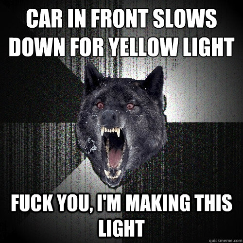 Car in front slows down for yellow light Fuck you, I'm making this light  Insanity Wolf