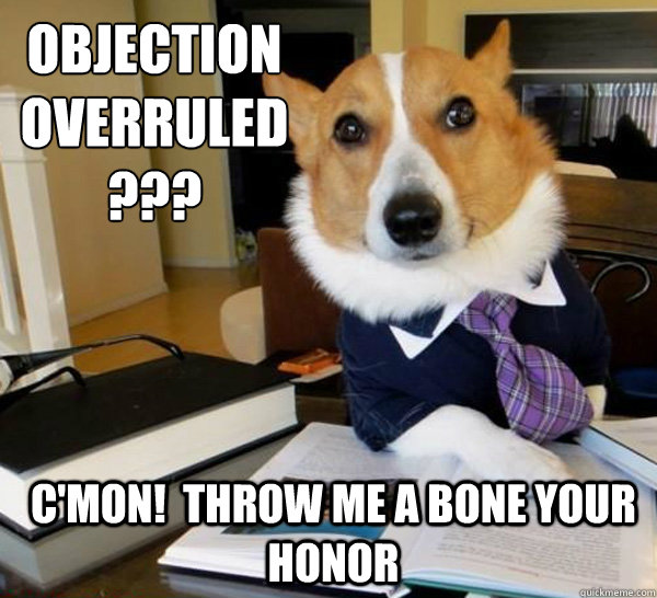 Objection 
overruled??? C'mon!  Throw me a bone your honor - Objection 
overruled??? C'mon!  Throw me a bone your honor  Lawyer Dog