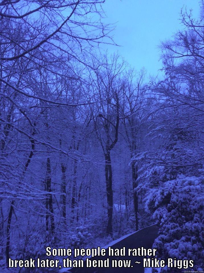 PEOPLE COULD AVOID A LOT OF HEARTACHES AND PROBLEMS BY BENDING JUST A LITTLE. SOME PEOPLE HAD RATHER BREAK LATER, THAN BEND NOW. ~ MIKE RIGGS Misc