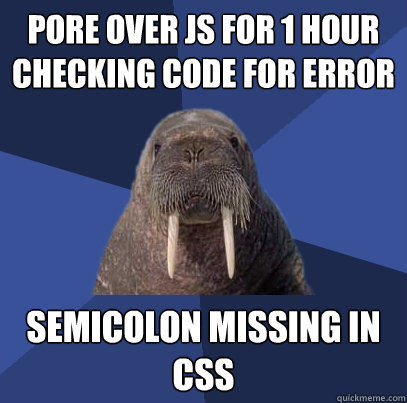 Pore over js for 1 hour checking code for error semicolon missing in css - Pore over js for 1 hour checking code for error semicolon missing in css  Web Developer Walrus