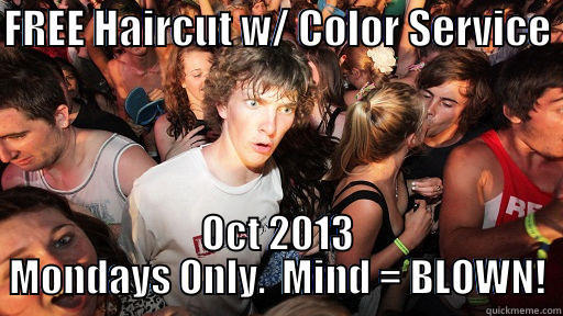 FREE HAIRCUT W/ COLOR SERVICE  OCT 2013 MONDAYS ONLY.  MIND = BLOWN! Sudden Clarity Clarence
