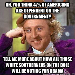 Oh, you think 47% of Americans are dependent on the Government? Tell me more about how all those white southerners on the dole will be voting for Obama  Condescending Wonka