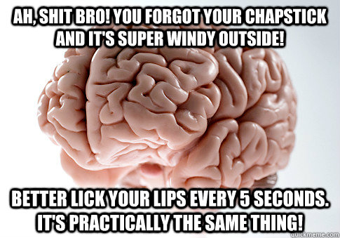 AH, SHIT BRO! YOU FORGOT YOUR CHAPSTICK AND IT'S SUPER WINDY OUTSIDE! BETTER LICK YOUR LIPS EVERY 5 SECONDS. IT'S PRACTICALLY THE SAME THING!  Scumbag Brain