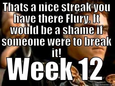 THATS A NICE STREAK YOU HAVE THERE FLURY. IT WOULD BE A SHAME IF SOMEONE WERE TO BREAK IT! WEEK 12 Downvoting Roman