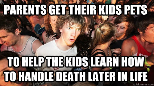 Parents get their kids pets to help the kids learn how to handle death later in life  Sudden Clarity Clarence